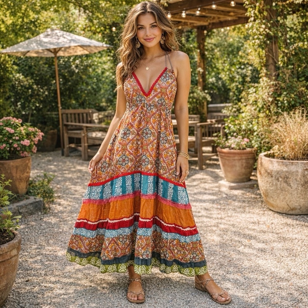 Funky People Multicolor Boho Maxi Dress SZ XL 
Patchwork Festival EUC